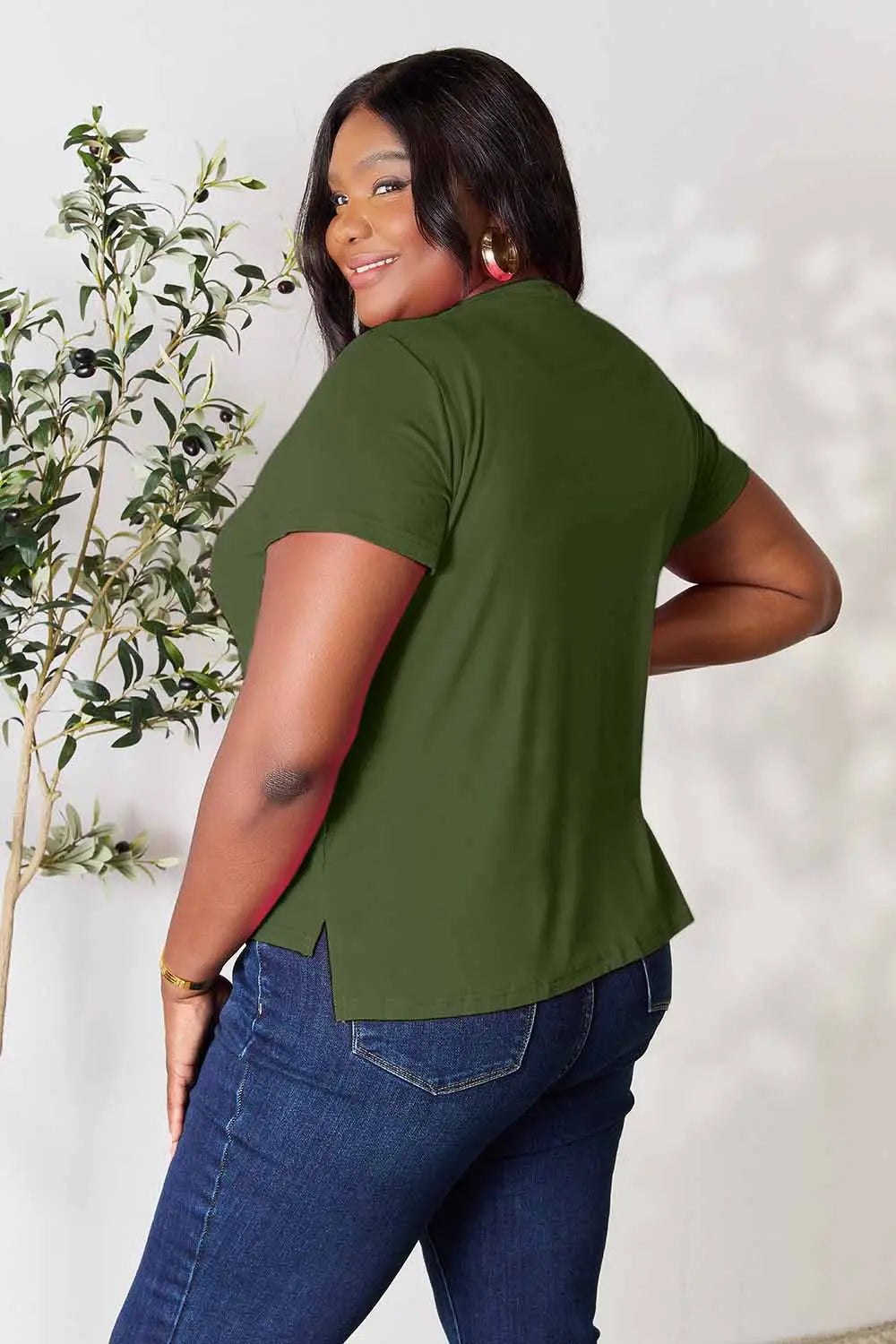 Dusty pink Basic Bae T-shirt by Trendsi, full size, round neck, short sleeves, soft cotton fabric, casual everyday wear.