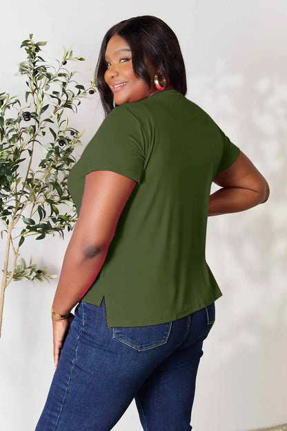 Dusty pink Basic Bae T-shirt by Trendsi, full size, round neck, short sleeves, soft cotton fabric, casual everyday wear.