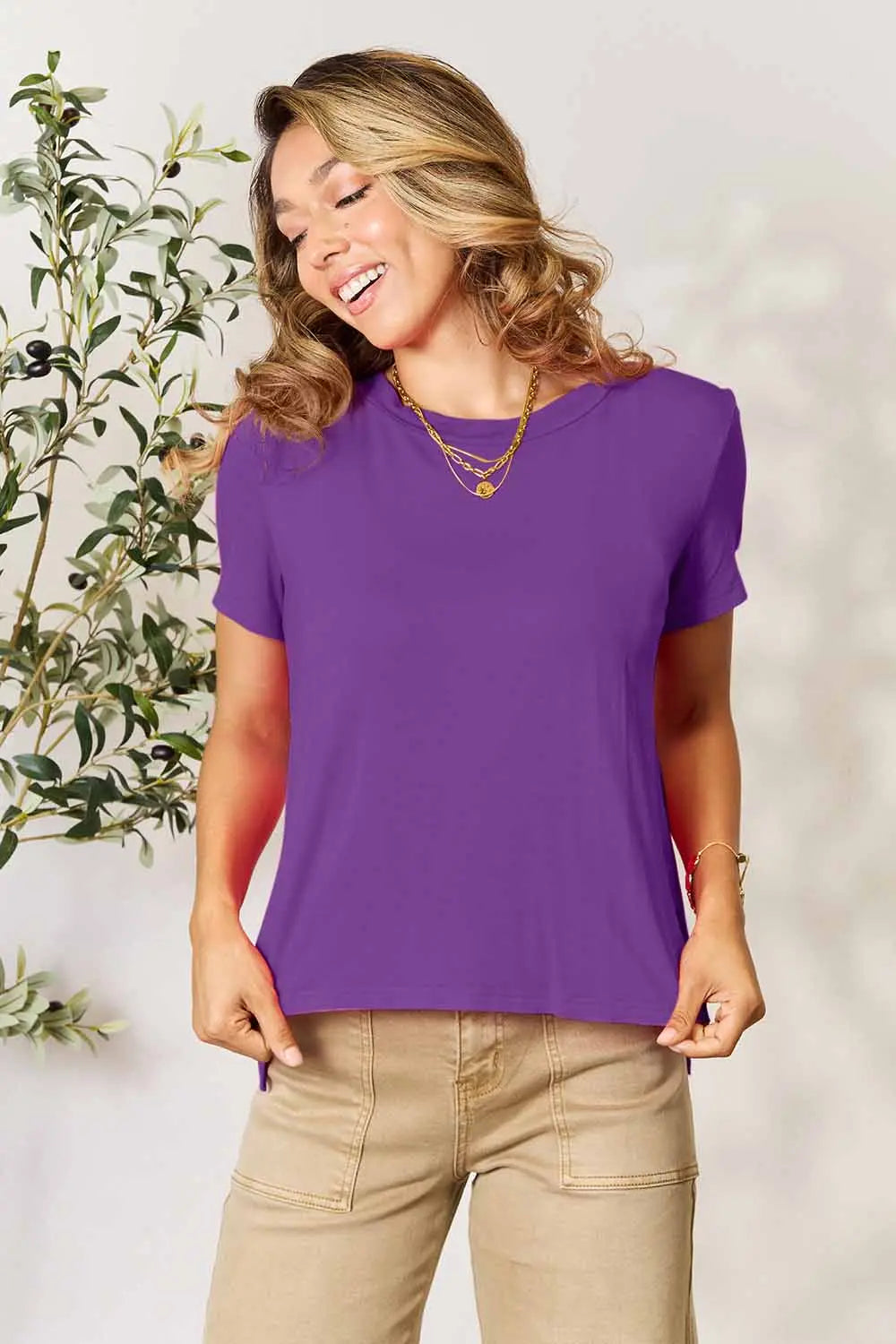 Dusty pink Basic Bae full-size round neck short sleeve T-shirt by Trendsi, displayed flat showing front view of the casual top.