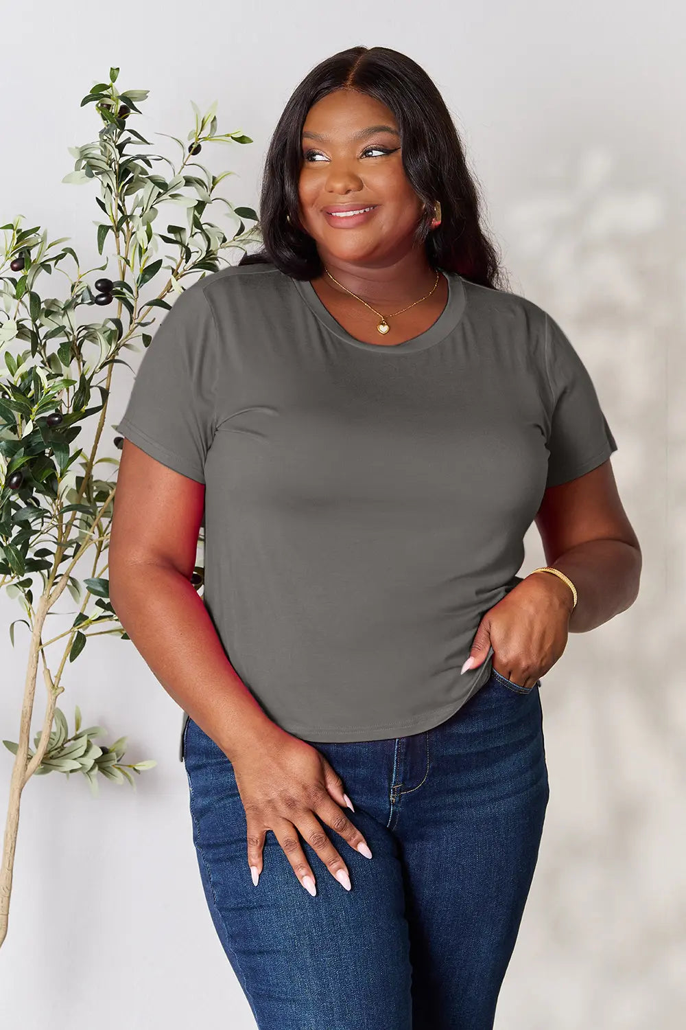 Dusty pink Basic Bae full size round neck short sleeve T-shirt by Trendsi, shown flat with soft fabric texture.