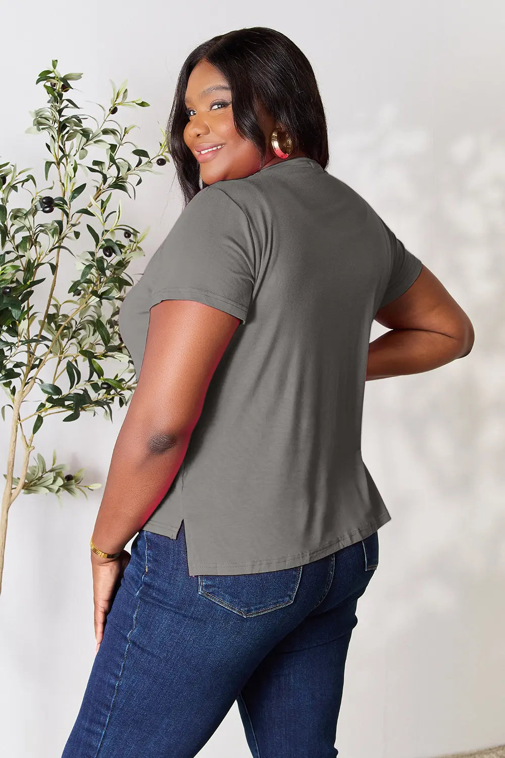 Dusty pink Basic Bae T-shirt by Trendsi, full size, round neck, short sleeve, casual fit, displayed flat on a white background.