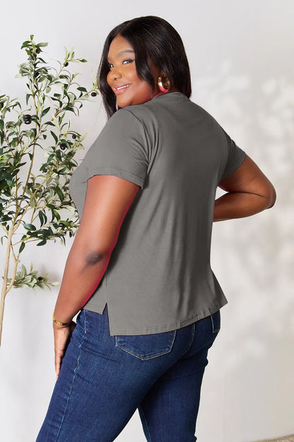Dusty pink Basic Bae T-shirt by Trendsi, full size, round neck, short sleeve, casual fit, displayed flat on a white background.