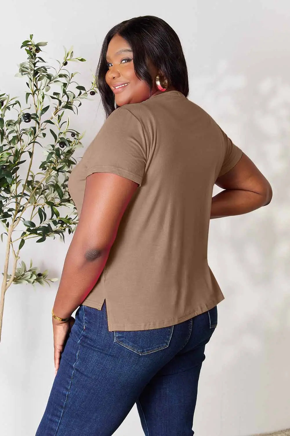 Dusty pink Basic Bae full-size round neck short sleeve T-shirt by Trendsi, displayed flat with soft fabric texture.