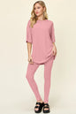 Dusty pink Trendsi Double Take full-size t-shirt and leggings set with round neck and dropped shoulder design.