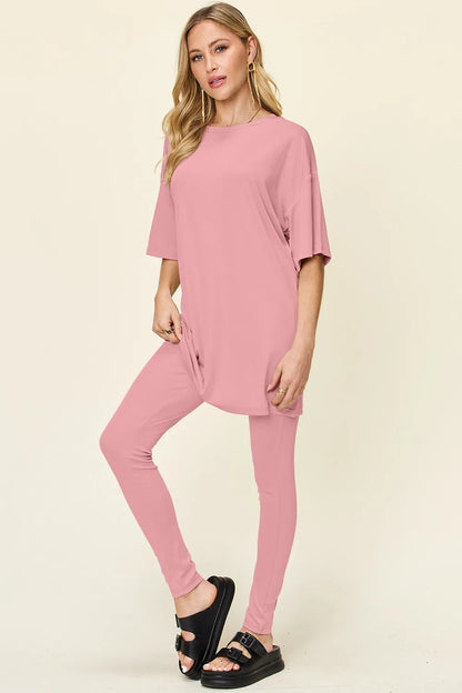 Dusty pink Trendsi double take full-size round neck T-shirt and leggings set with dropped shoulders, casual and comfortable.