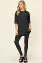 Dusty pink Trendsi Double Take full-size round neck dropped shoulder t-shirt and matching leggings set, comfortable casual wear.