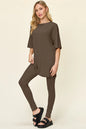Dusty pink Trendsi Double Take full-size round neck dropped shoulder T-shirt and matching leggings set, casual and comfortable.