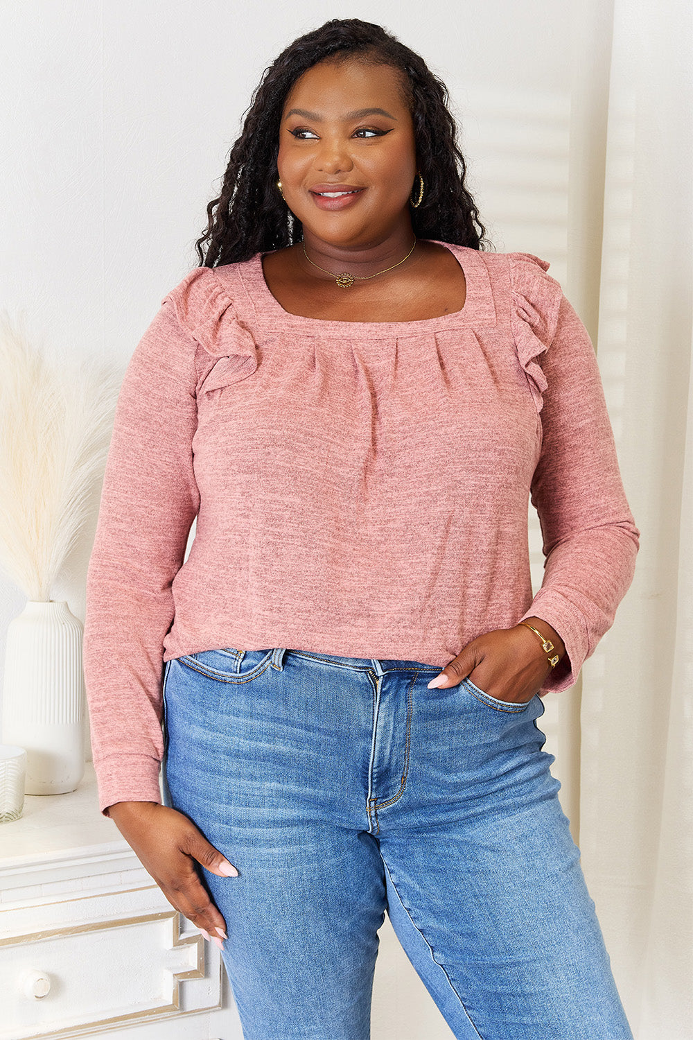 Dusty pink long sleeve T-shirt with square neckline and ruffle shoulder details from Trendsi, featuring a fitted, stylish design.
