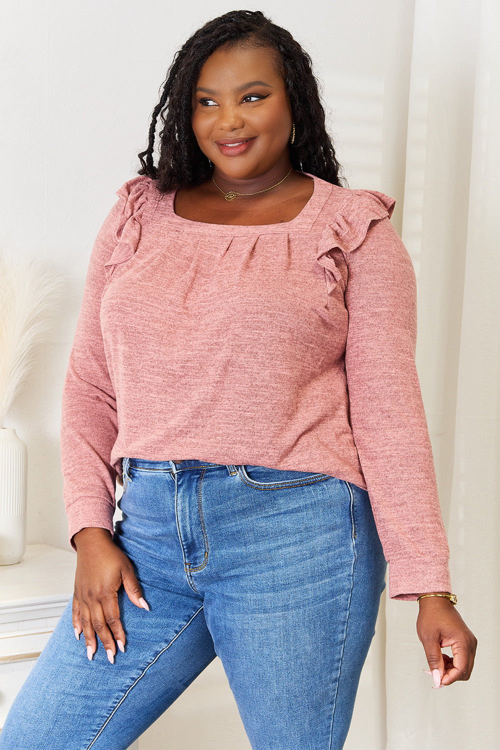 Dusty pink long sleeve T-shirt by Trendsi with a double take square neckline and ruffle shoulder details.
