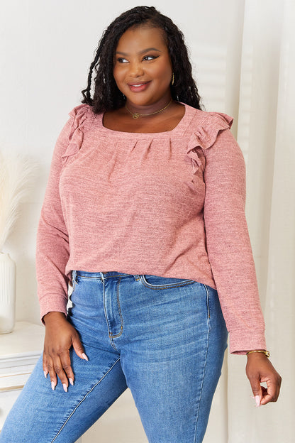 Dusty pink long sleeve T-shirt by Trendsi with a double take square neckline and ruffle shoulder details.