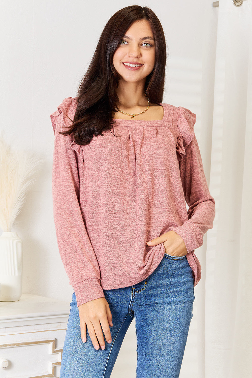 Dusty pink long sleeve T-shirt with square neck and ruffle shoulder details from Trendsi, stylish and comfortable for casual wear.