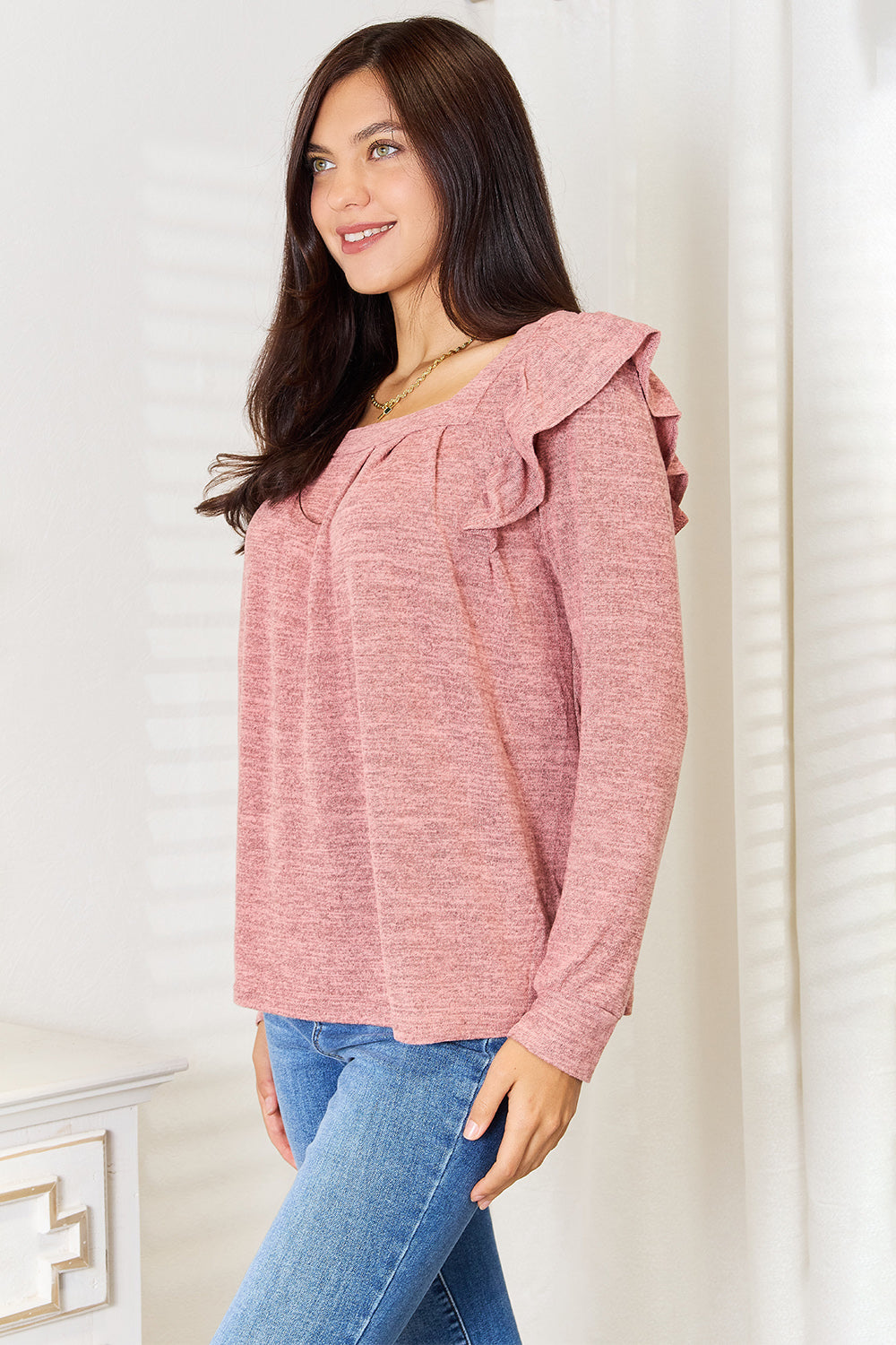 Dusty pink long sleeve T-shirt with square neckline and ruffle shoulder details, from Trendsi's Double Take collection.