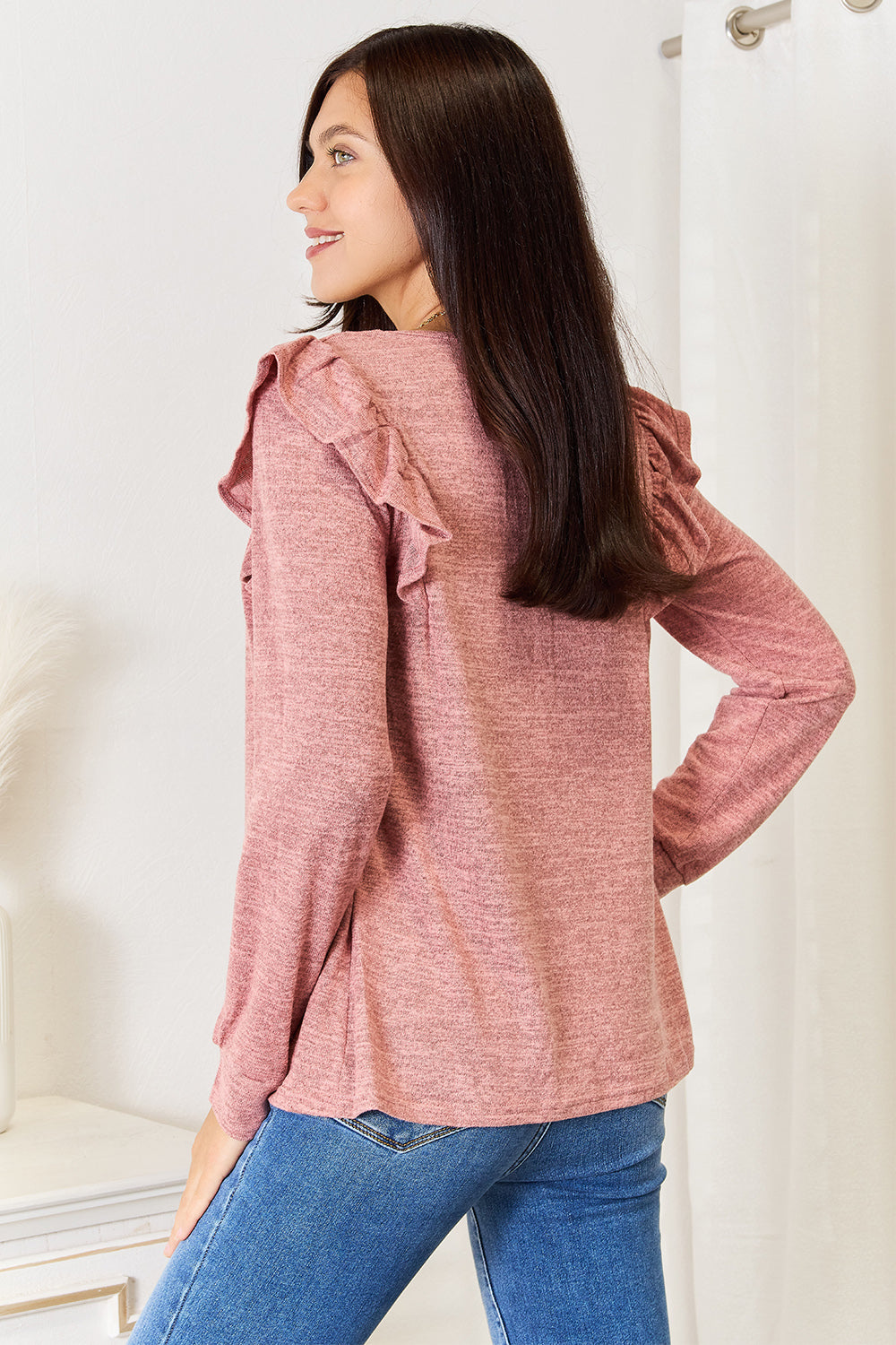 Dusty pink long sleeve T-shirt with square neckline and ruffle shoulder details by Trendsi, stylish and comfortable for casual wear.