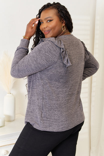 Dusty pink long sleeve T-shirt with square neckline and ruffle shoulder details from Trendsi, casual and stylish for everyday wear.