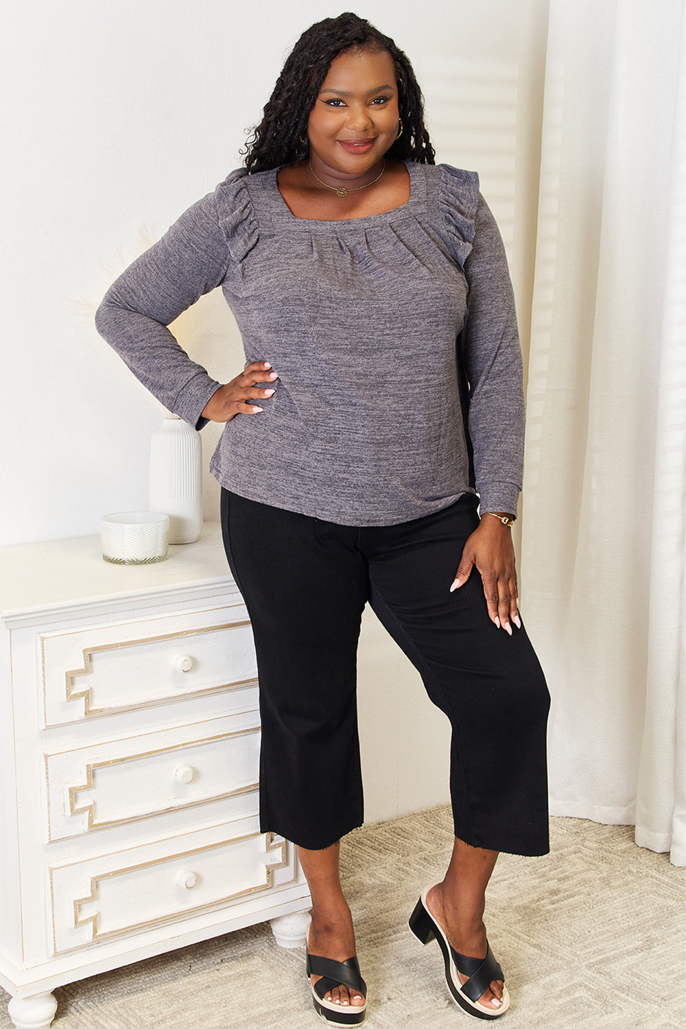 Dusty pink long sleeve T-shirt with square neckline and ruffle shoulder details from Trendsi, casual and stylish.