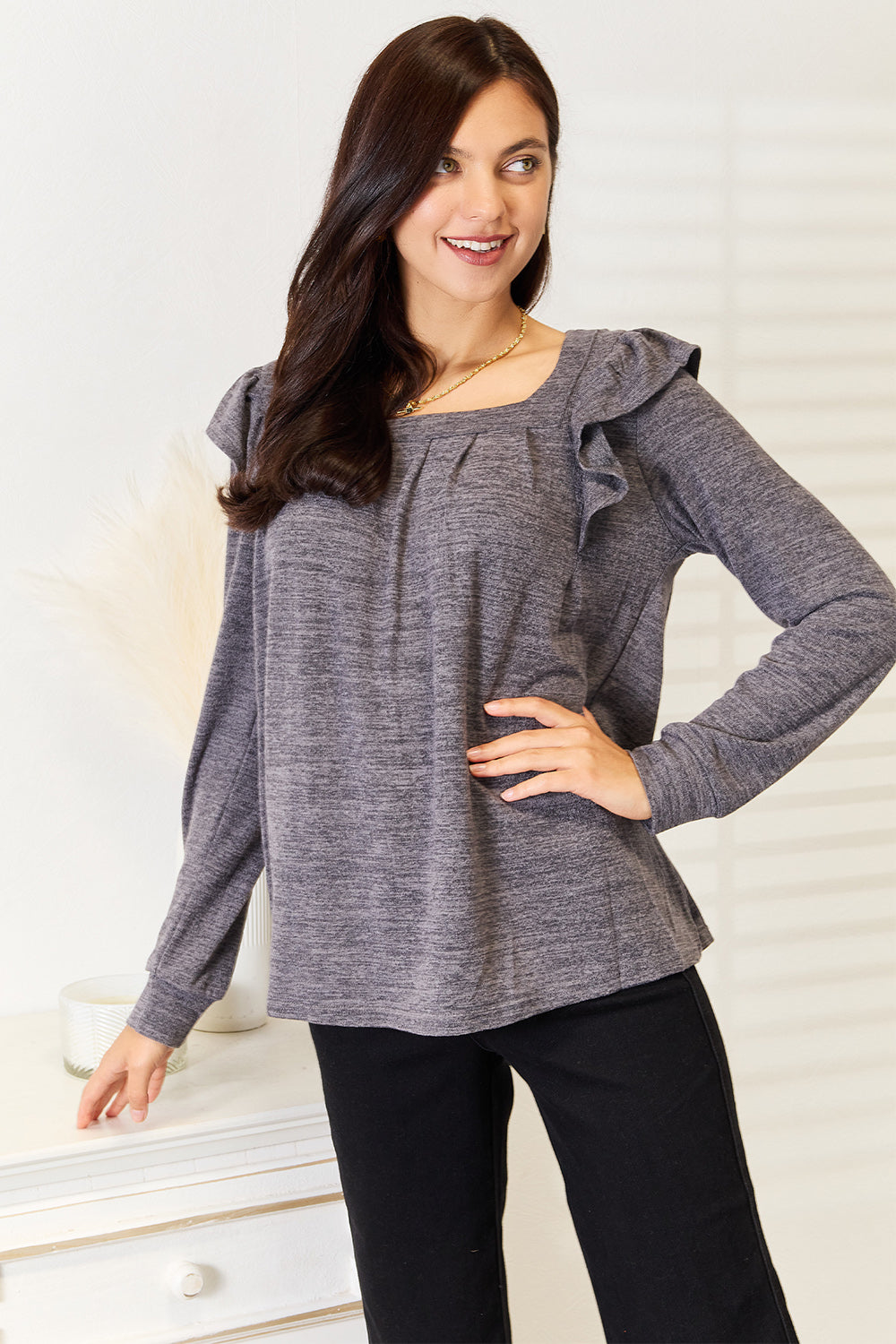 Dusty pink long sleeve T-shirt with square neckline and ruffle shoulder details from Trendsi, featuring a stylish, casual design.