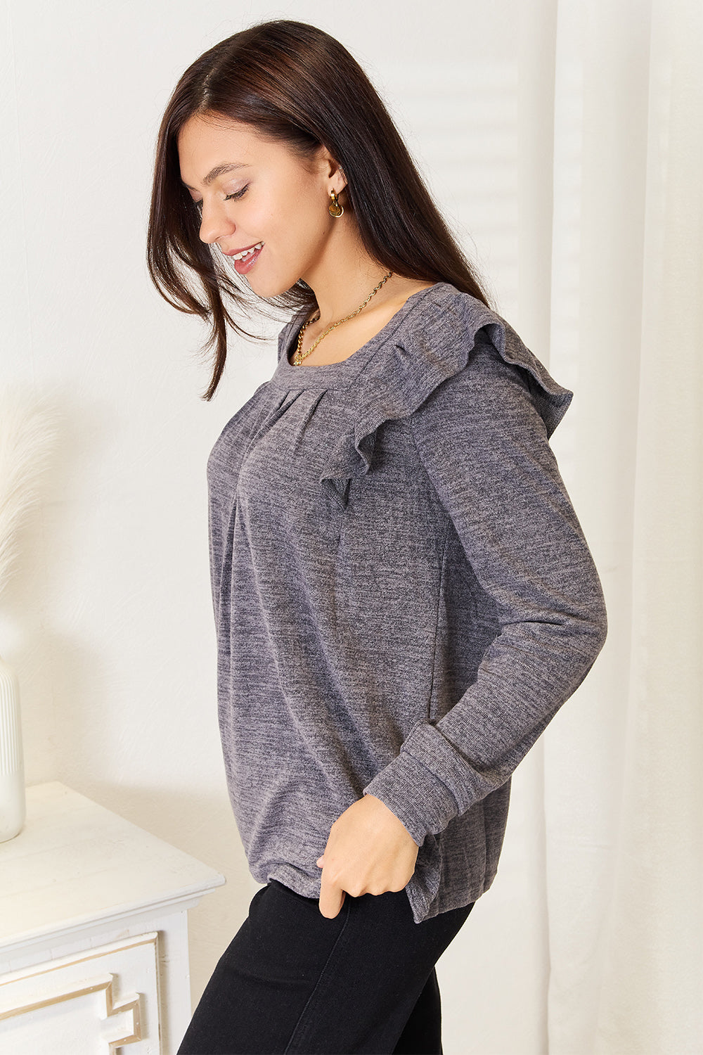 Dusty pink long sleeve T-shirt with square neckline and ruffle shoulder details, by Trendsi.