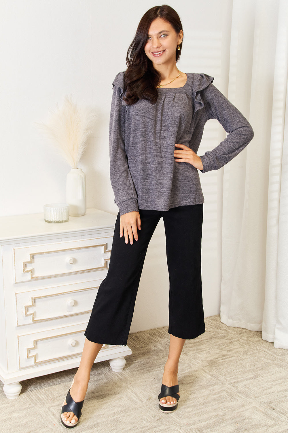 Dusty pink long sleeve T-shirt with square neckline and ruffle shoulder details from Trendsi, casual and stylish for everyday wear.