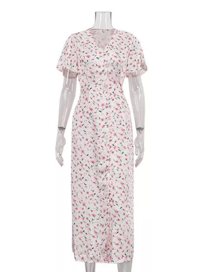 Dusty pink floral print midi dress with V-neck and flutter sleeves from Trendsi, showcasing a feminine, flowy design.