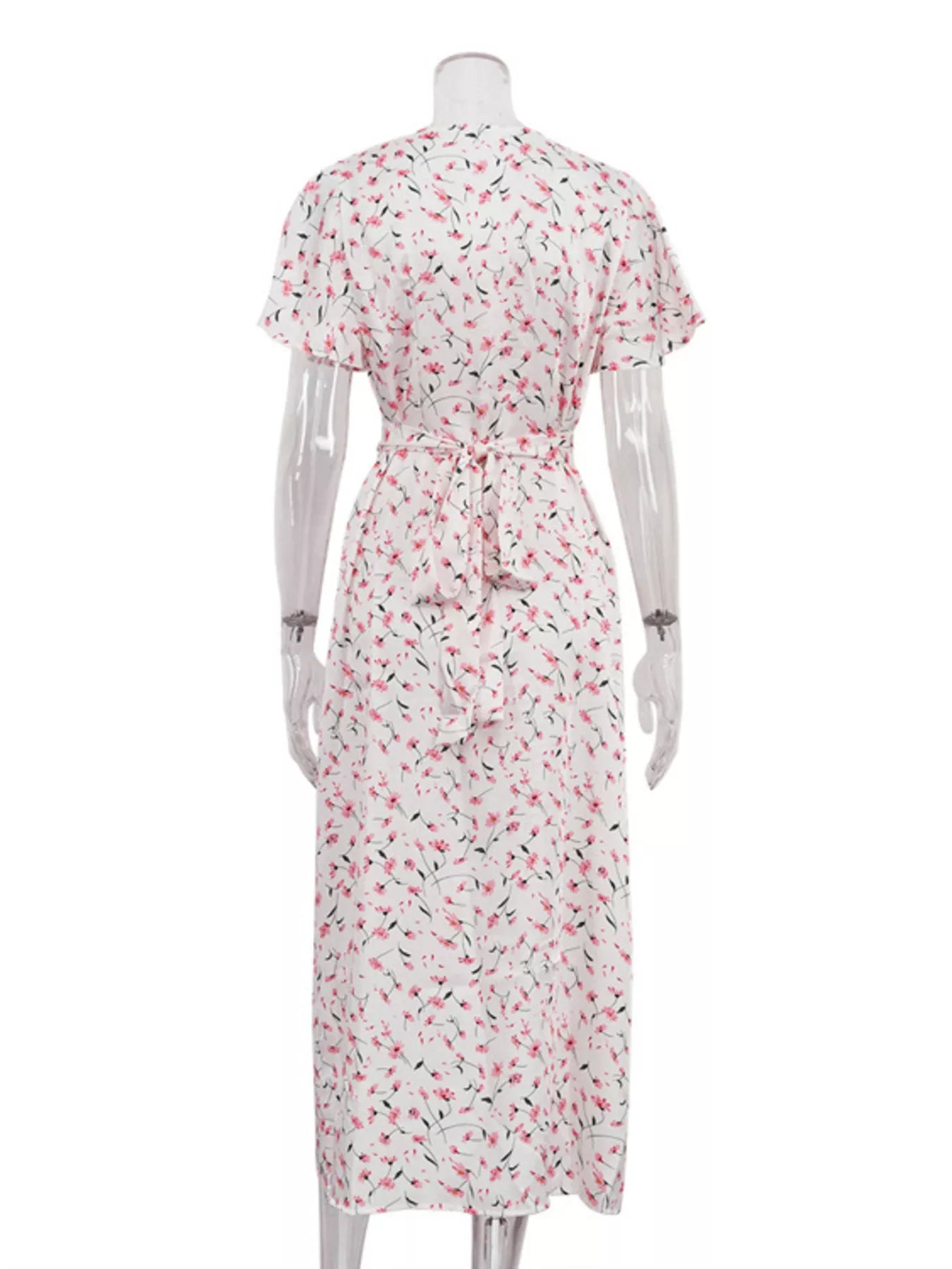 Dusty pink floral print V-neck midi dress with flutter sleeves, stylish and elegant by Trendsi.