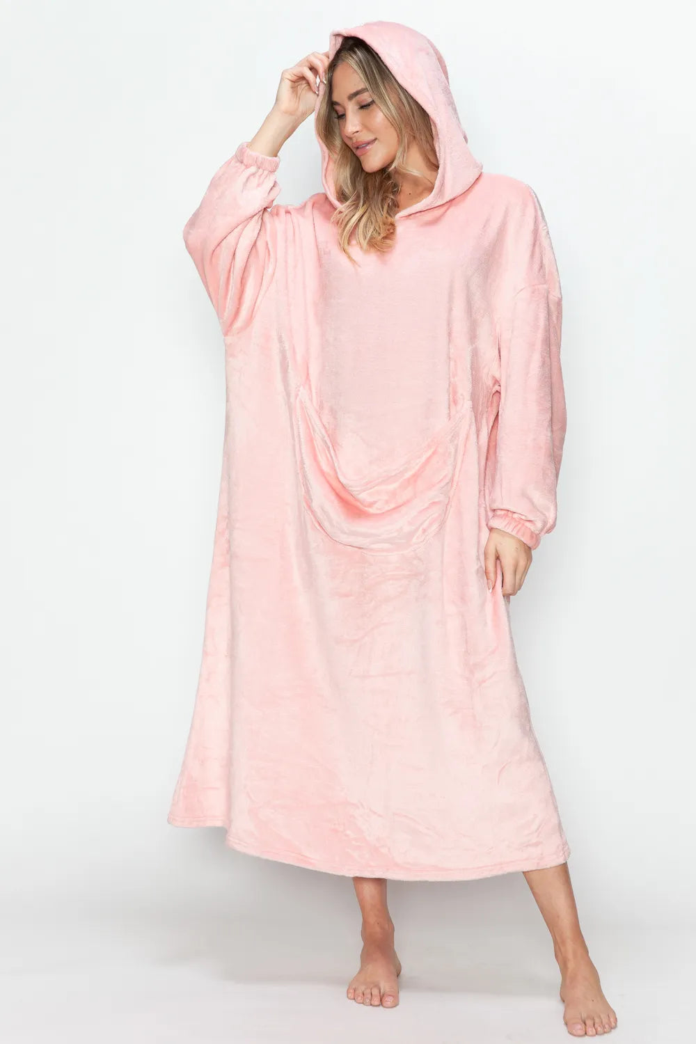 Dusty pink Trendsi Double Take full-size pocketed hooded midi lounge dress, soft fabric, relaxed fit, and casual style.