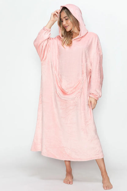 Dusty pink Trendsi Double Take full-size pocketed hooded midi lounge dress, soft fabric, relaxed fit, and casual style.