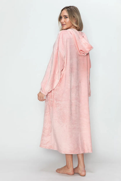 Dusty pink Trendsi double take full-size pocketed hooded midi lounge dress, showing the relaxed fit and hoodie detail.
