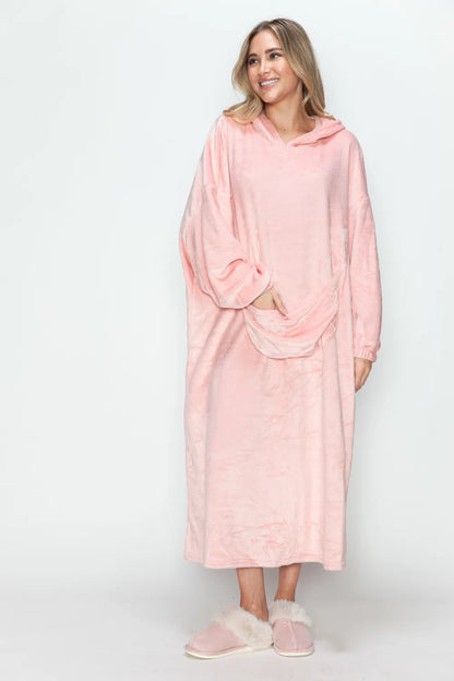 Dusty pink Trendsi Double Take full size pocketed hooded midi lounge dress, showing its relaxed fit and cozy hood design.