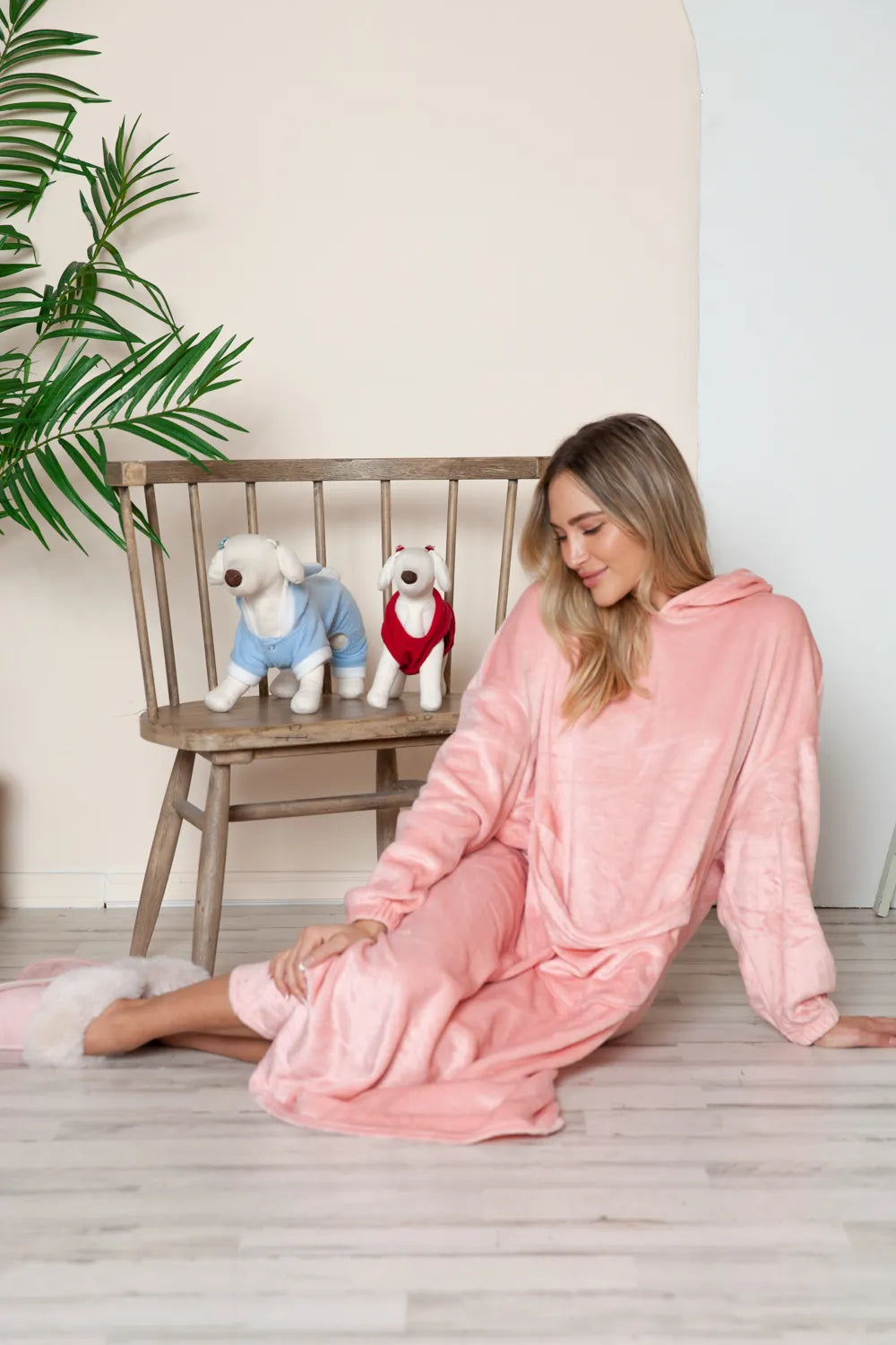 Dusty pink Trendsi Double Take full-size pocketed hooded midi lounge dress, showing the relaxed fit and hooded neckline.