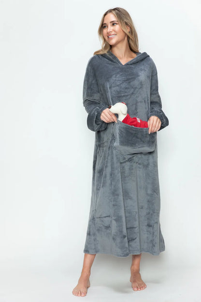 Dusty pink Trendsi Double Take full-size pocketed hooded midi lounge dress displayed flat, showcasing its relaxed fit and hoodie detail.