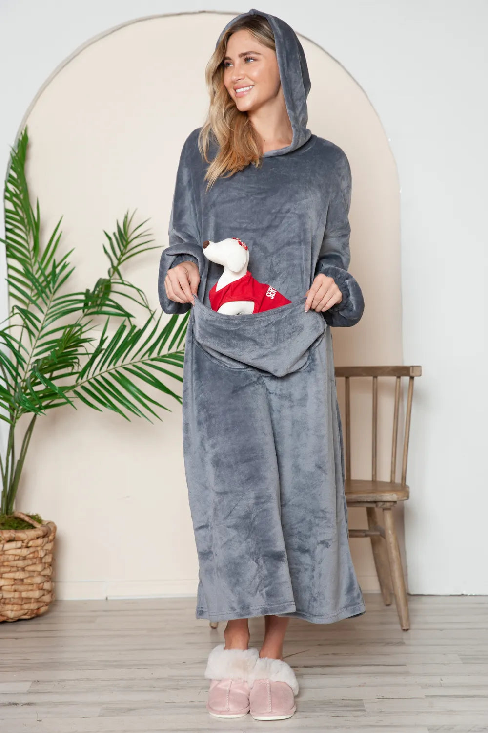Dusty pink Trendsi Double Take full-size pocketed hooded midi lounge dress, featuring a relaxed fit and cozy hood.