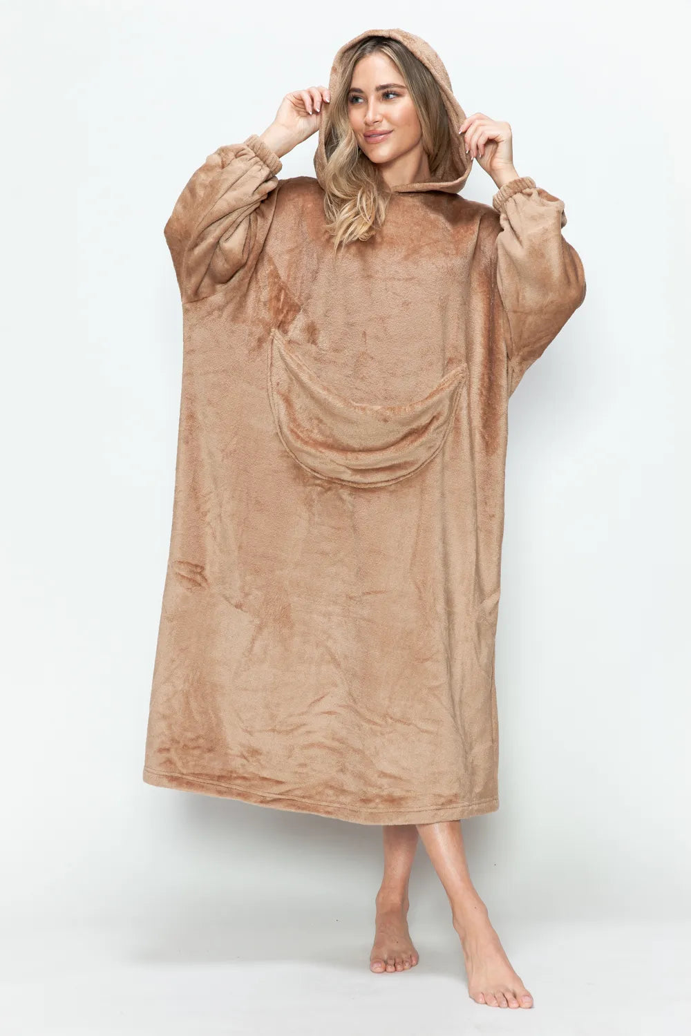 Dusty pink Trendsi Double Take full-size hooded midi lounge dress with pockets, comfortable and stylish for relaxed wear.