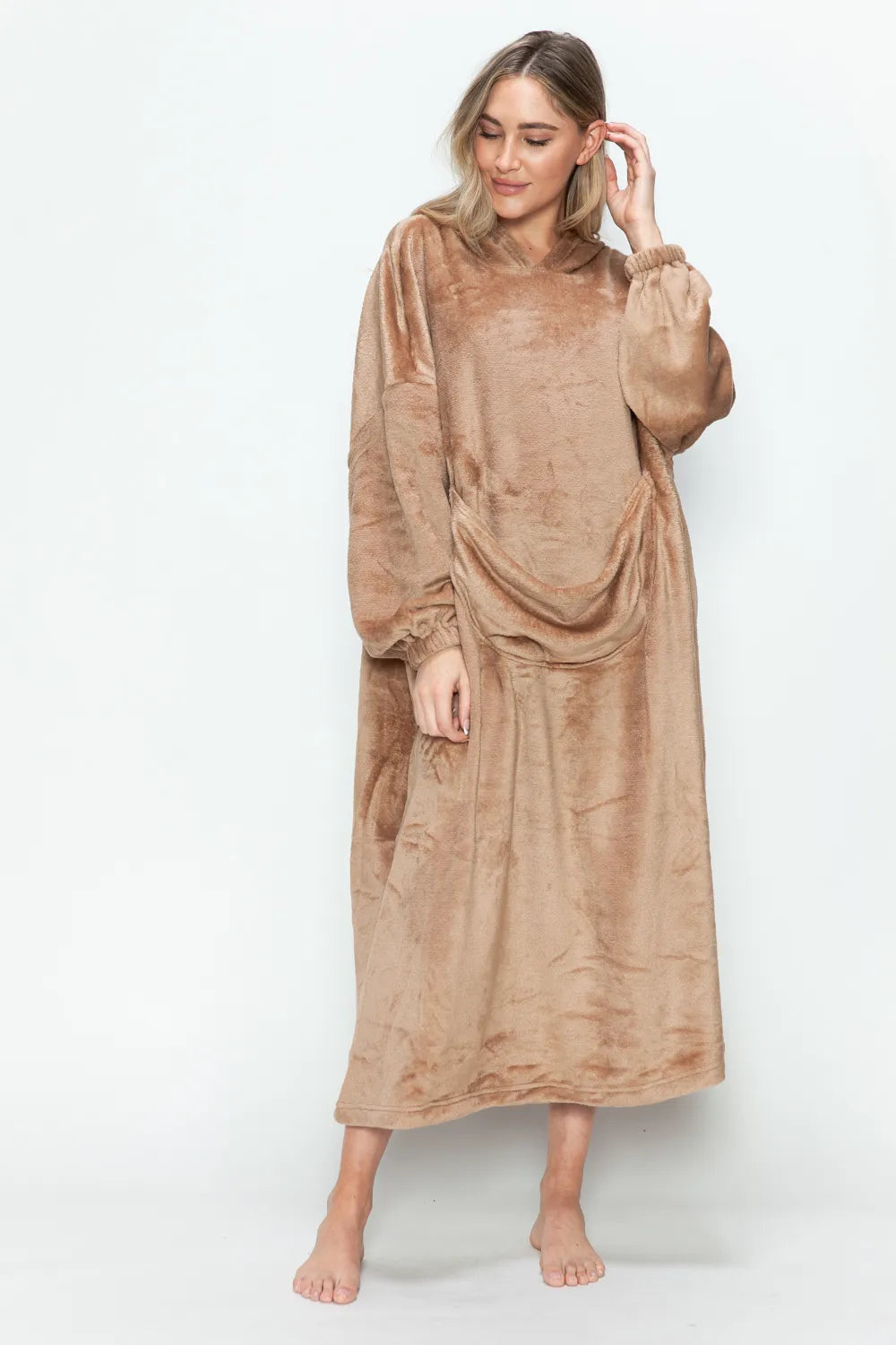 Dusty pink Trendsi Double Take full-size hooded midi lounge dress with front pockets, soft and comfortable for casual wear.