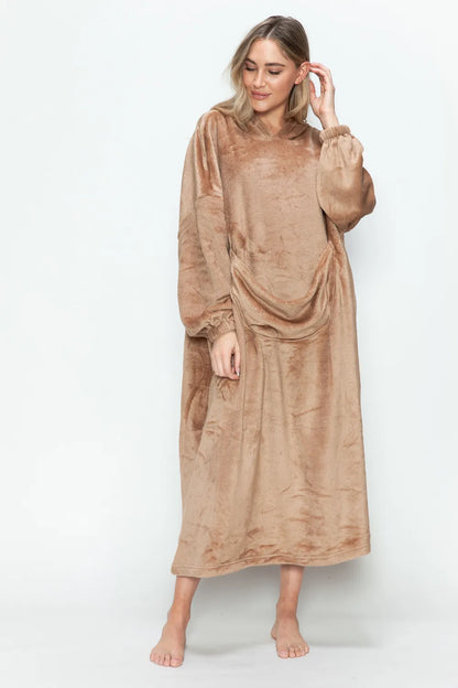 Dusty pink Trendsi Double Take full-size hooded midi lounge dress with front pockets, soft and comfortable for casual wear.