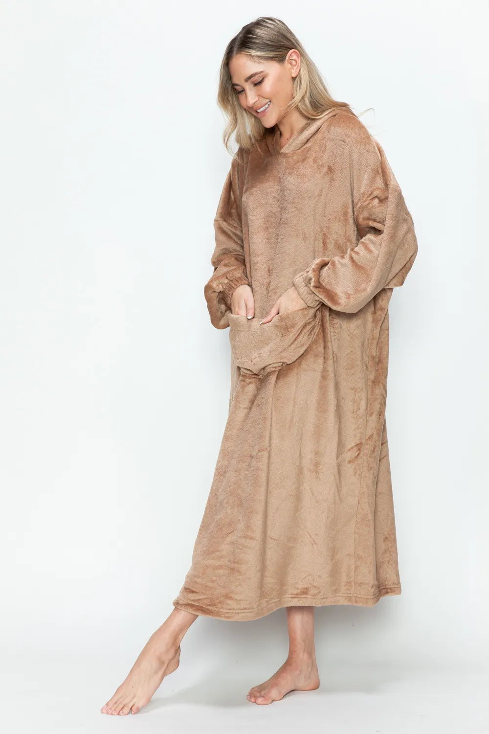 Dusty pink double take full-size pocketed hooded midi lounge dress by Trendsi, featuring a comfortable fit and casual style.