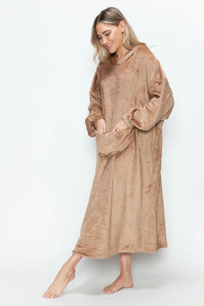 Dusty pink double take full-size pocketed hooded midi lounge dress by Trendsi, featuring a comfortable fit and casual style.