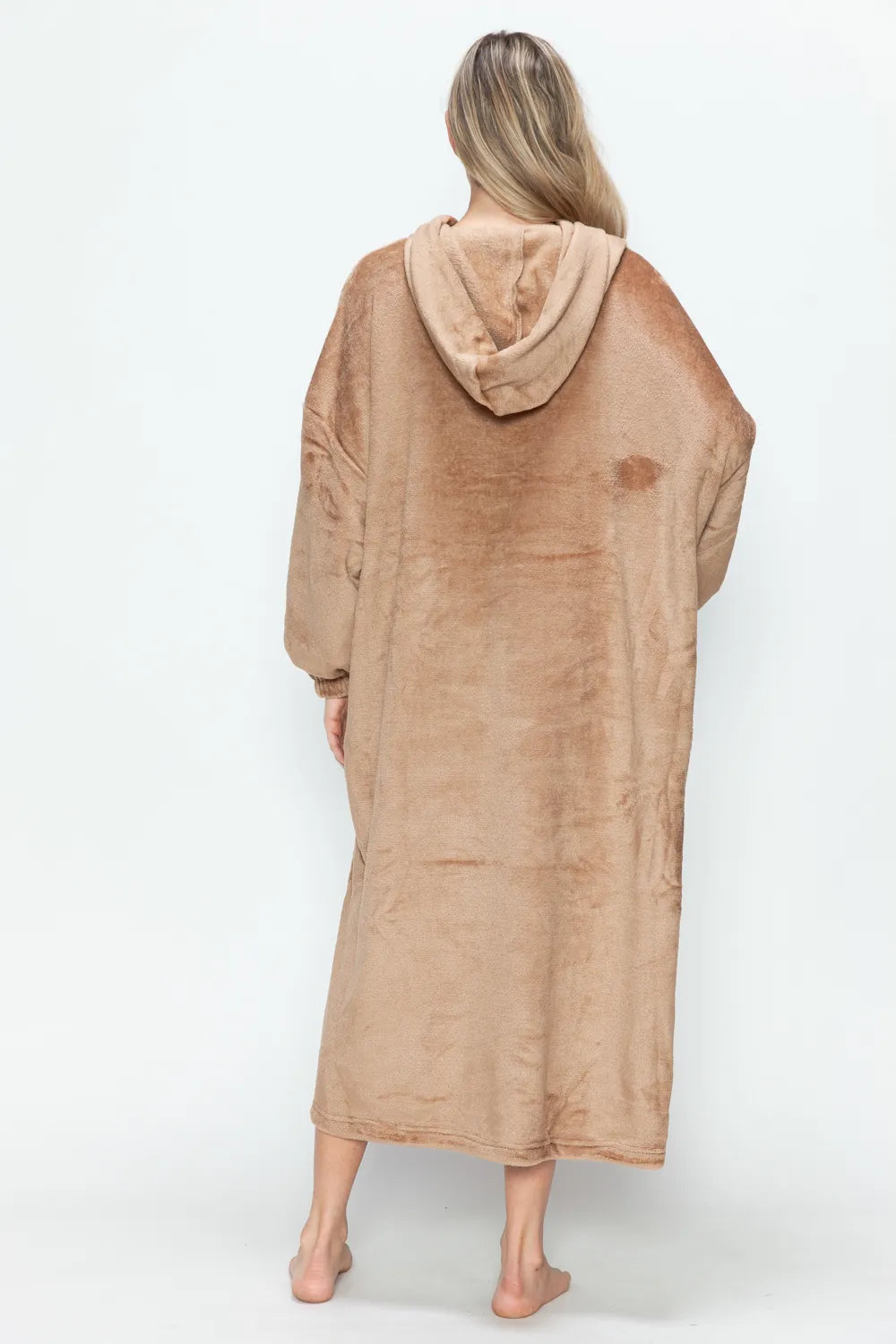 Dusty pink double take full-size pocketed hooded midi lounge dress by Trendsi, featuring a cozy hood and relaxed fit.