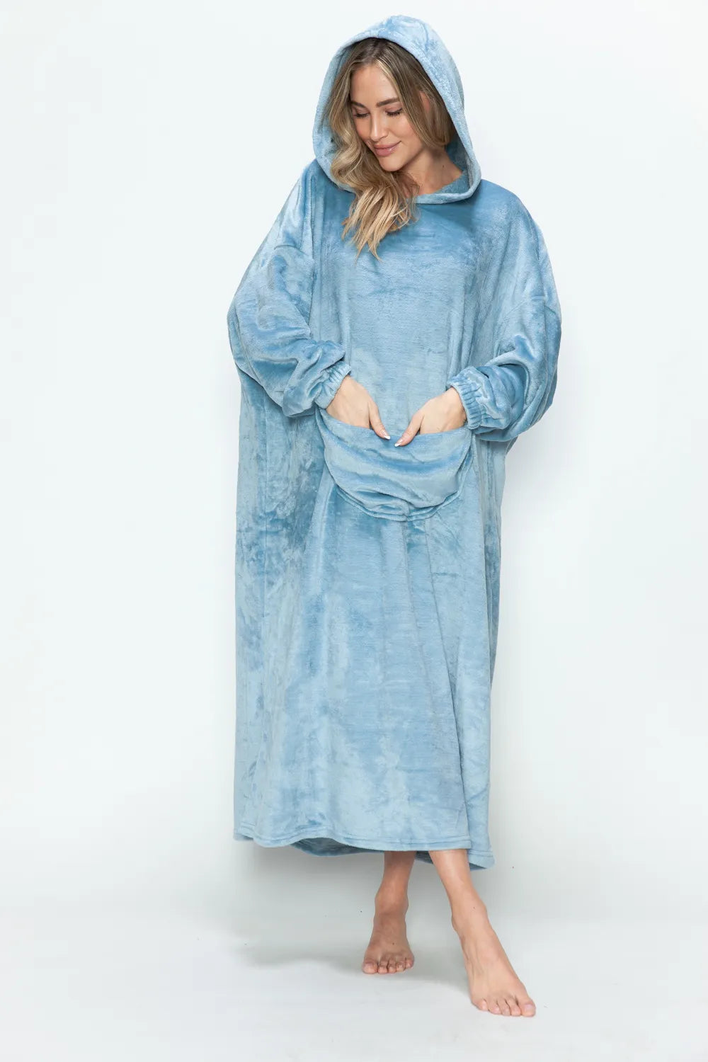 Dusty pink Trendsi Double Take full-size pocketed hooded midi lounge dress displayed on a hanger.