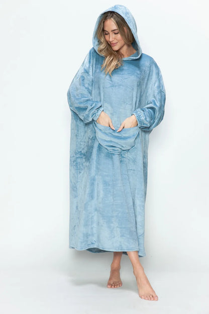 Dusty pink Trendsi Double Take full-size pocketed hooded midi lounge dress displayed on a hanger.