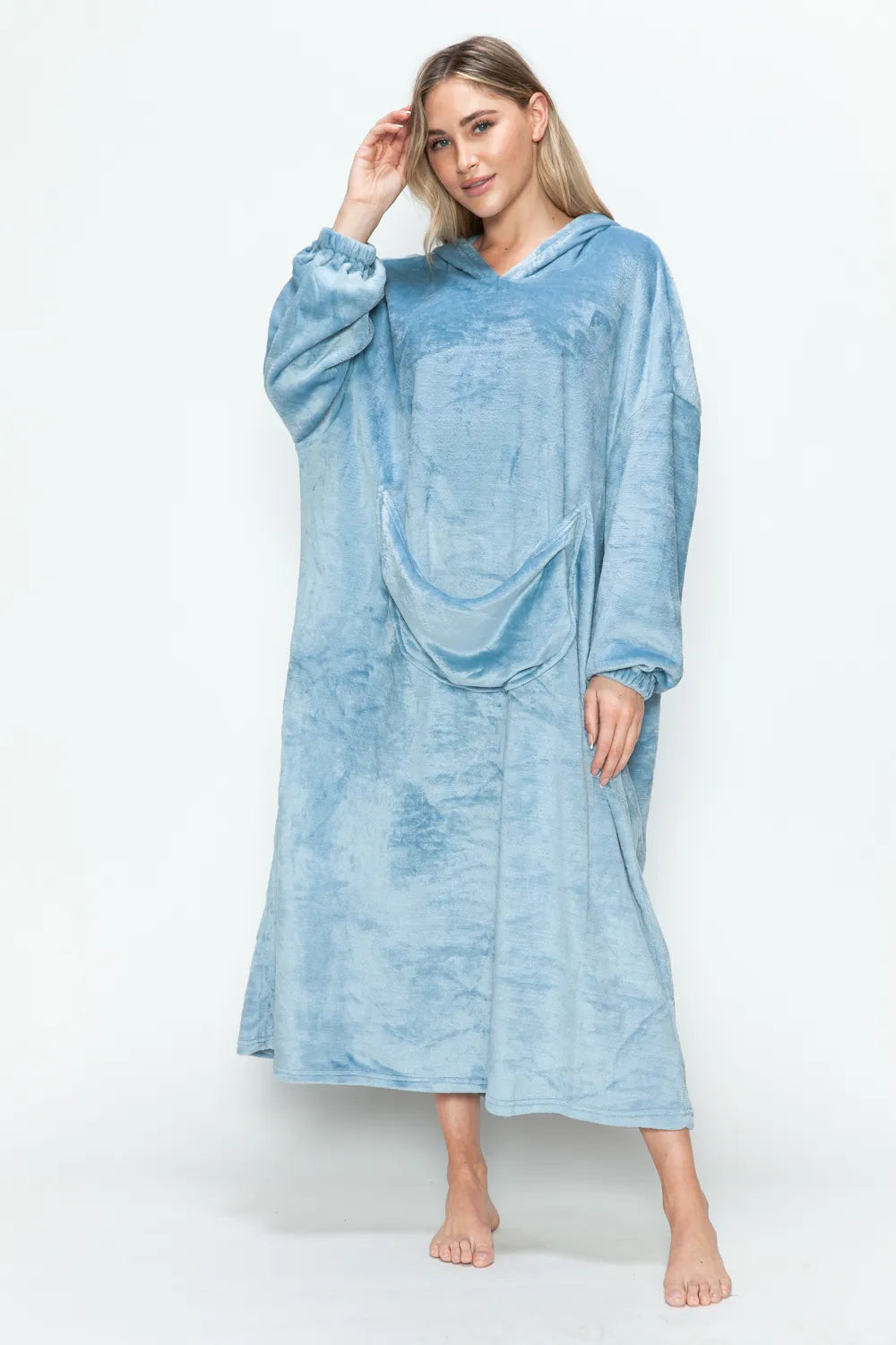 Dusty pink Trendsi Double Take full-size pocketed hooded midi lounge dress, showing its relaxed fit and cozy hood.