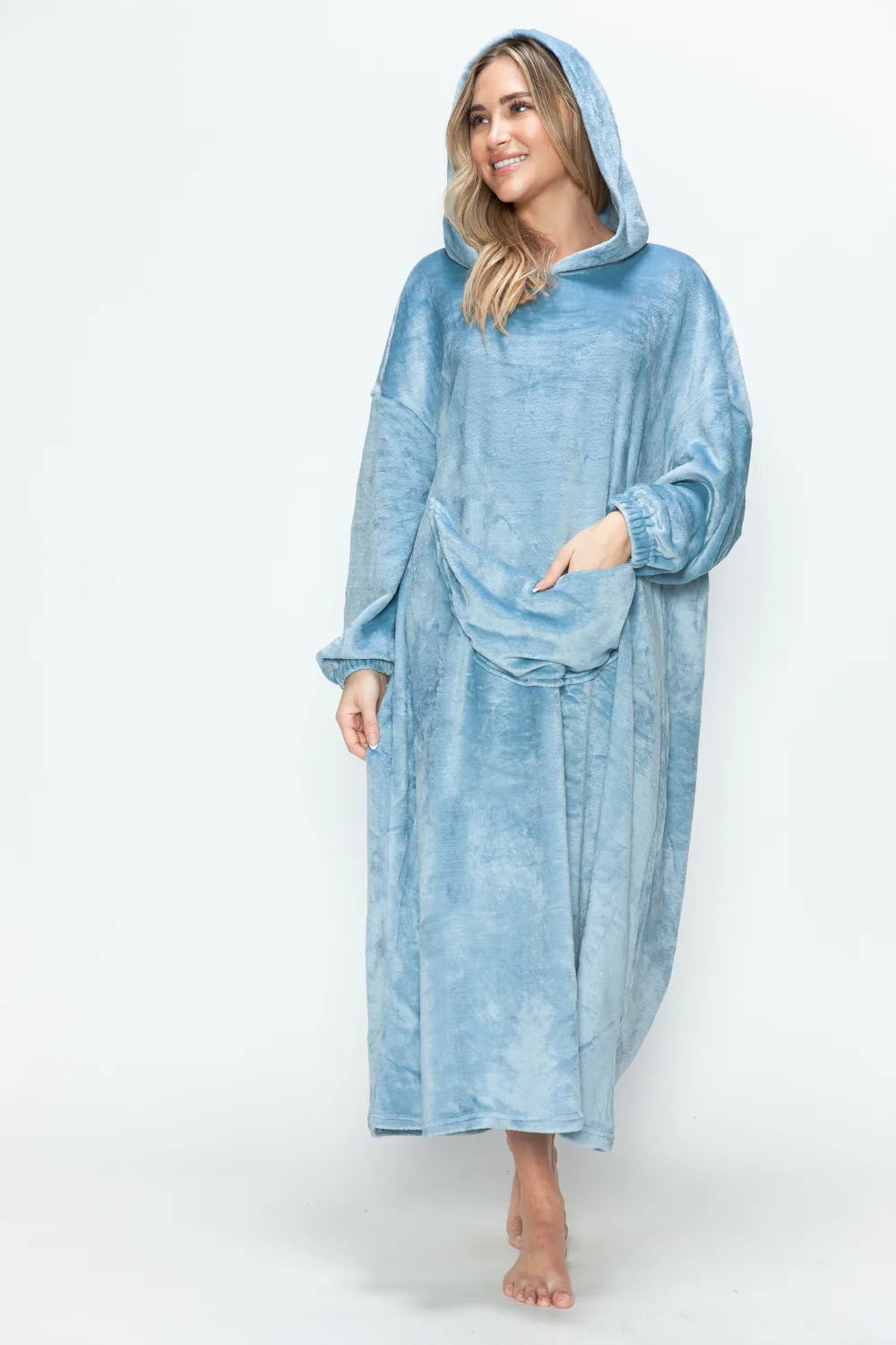 Dusty pink Trendsi Double Take full-size pocketed hooded midi lounge dress, casual and comfortable with a relaxed fit.