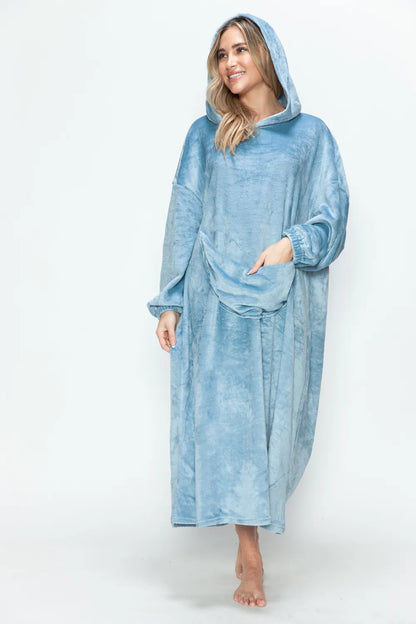 Dusty pink Trendsi Double Take full-size pocketed hooded midi lounge dress, casual and comfortable with a relaxed fit.