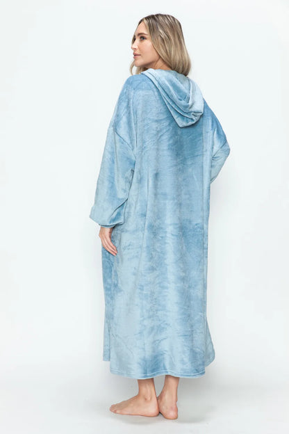 Dusty pink Trendsi Double Take full-size pocketed hooded midi lounge dress displayed on a model.