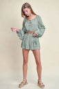 Dusty sage MABLE Gauze long sleeve button crop top and matching shorts set by Trendsi, lightweight and stylish for warm weather.