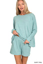 Dusty teal Zenana Soft Melange long sleeve tee and shorts set, casual loungewear with comfortable fit and relaxed style.