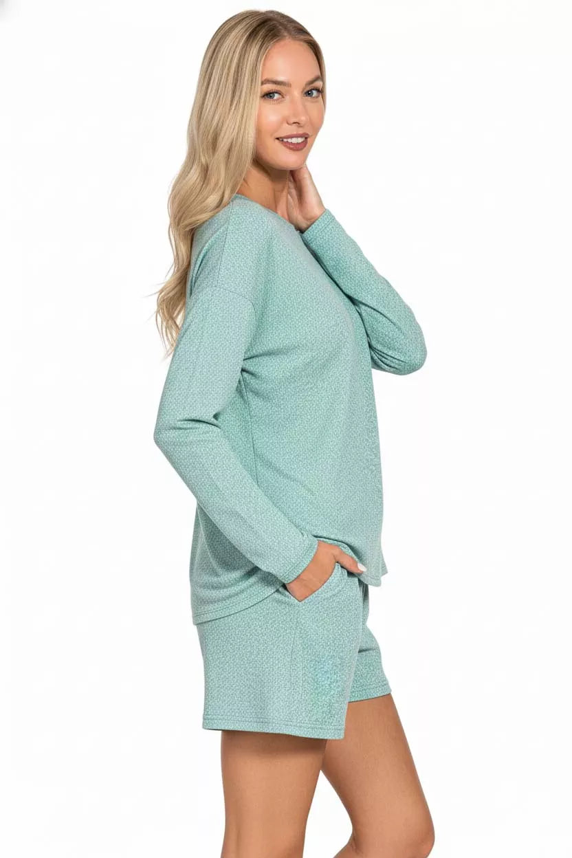 Dusty teal Zenana soft melange long sleeve tee and shorts set, casual loungewear, with relaxed fit and comfortable fabric.