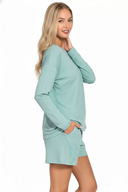 Dusty teal Zenana soft melange long sleeve tee and shorts set, casual loungewear, with relaxed fit and comfortable fabric.