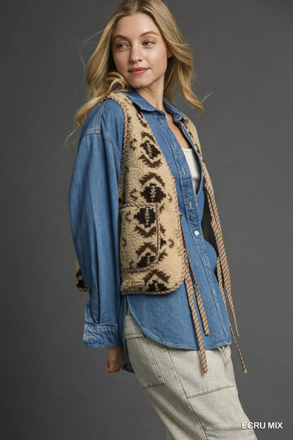 Ecru mixed patterned Sherpa tie-front vest by Umgee, featuring a cozy, textured fabric and stylish front tie detail.