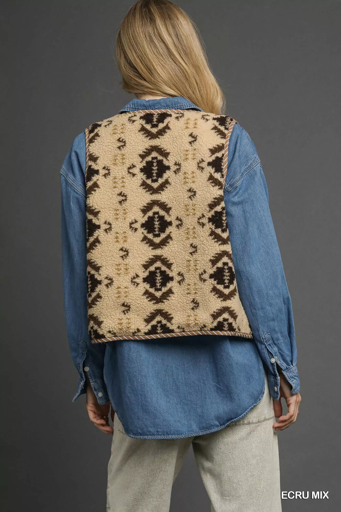 Ecru mix patterned Sherpa tie-front vest by Umgee featuring a cozy, textured design and a stylish front tie detail.