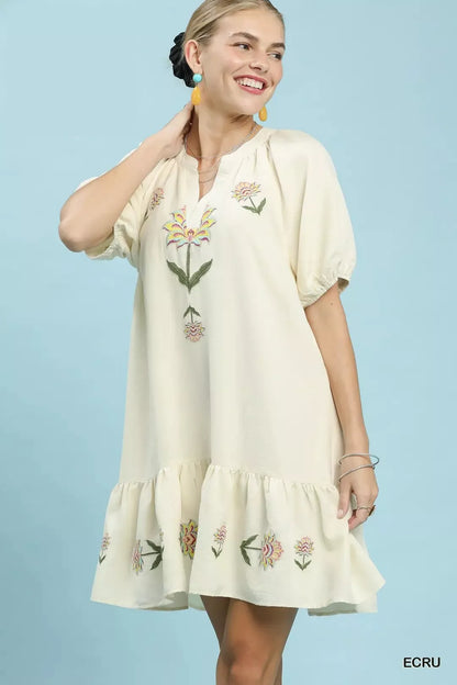 Ecru Umgee embroidered floral babydoll dress with delicate embroidery and a relaxed fit, perfect for casual or semi-formal wear.